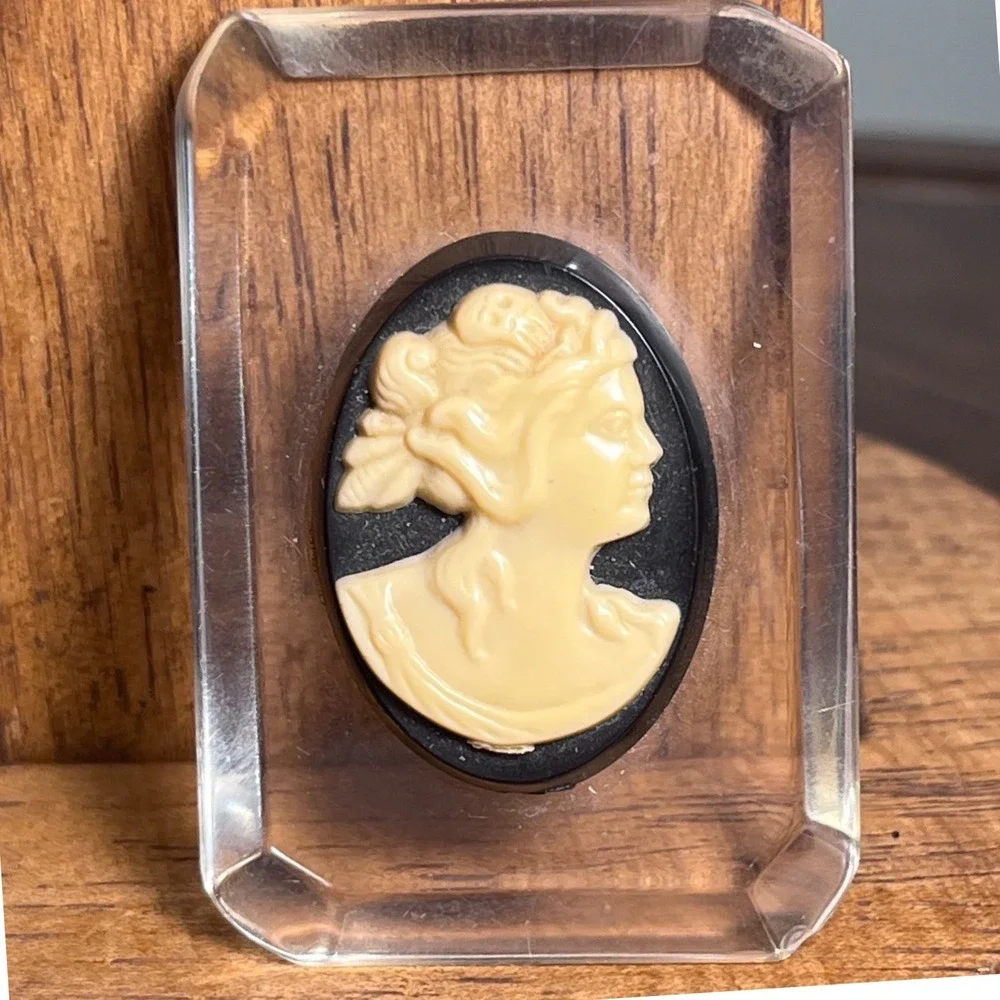 Vtg Cameo Brooch Clear Acrylic Beveled Frame Black Oval Cream Relief Profile